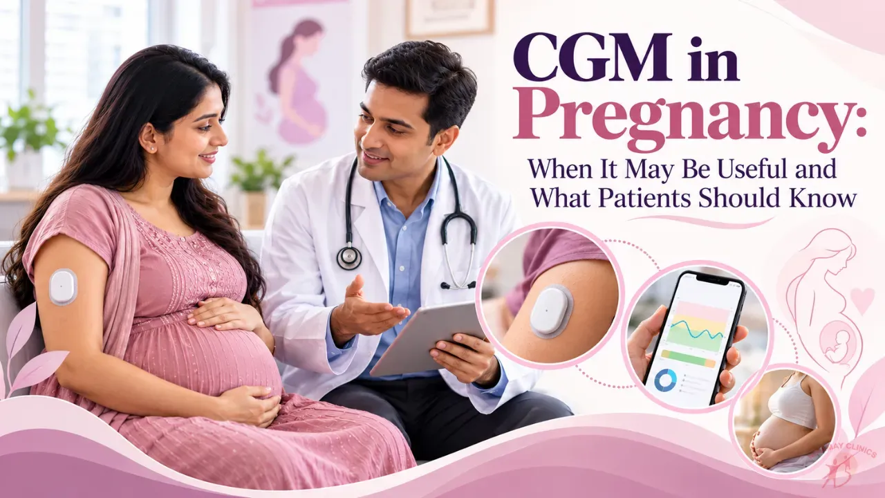 Pregnant Indian woman checking a glucose reading on her phone while seated with a diabetologist