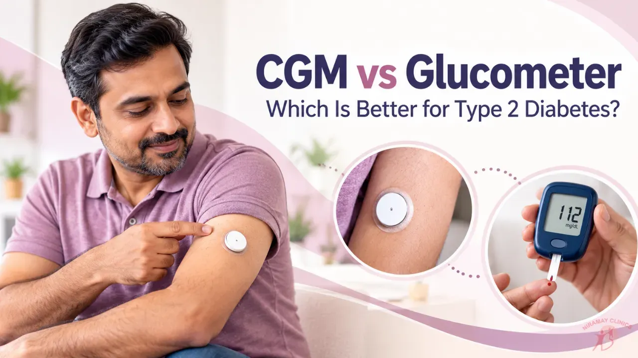 Glucometer with test strips beside a small round CGM sensor on a clean table