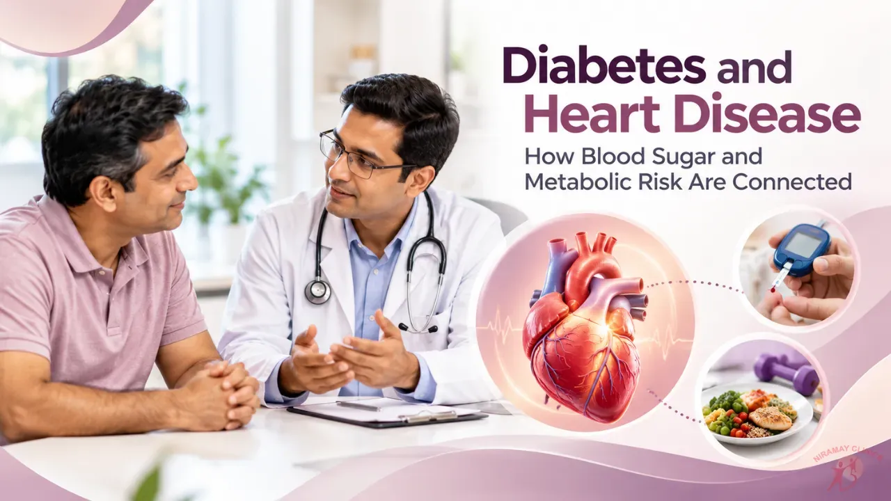 Indian diabetologist using a stethoscope to listen to a middle-aged patient's heart in a clinic