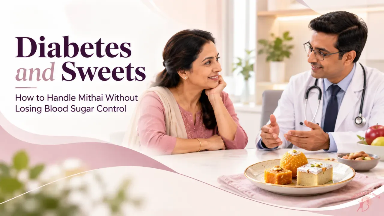 Middle-aged Indian couple enjoying a small piece of mithai from a festive plate with fruits
