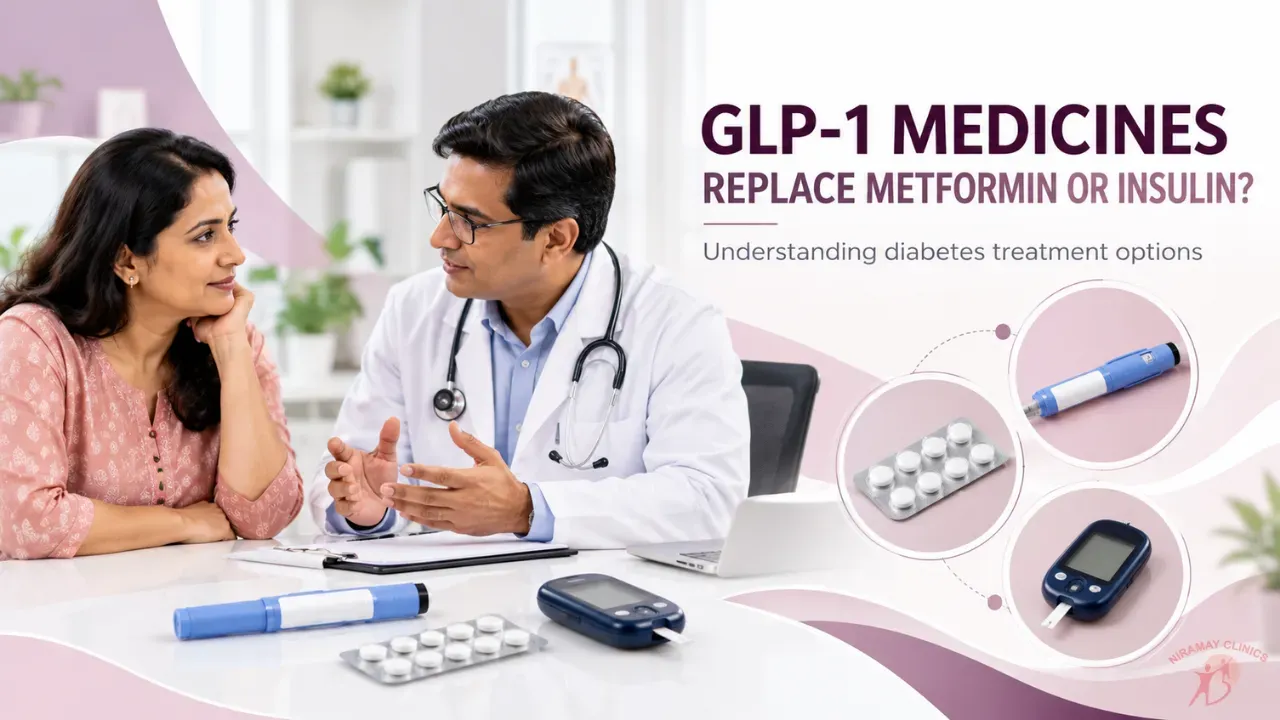 Injection pen, tablets and a glucometer neatly arranged on a clinic table