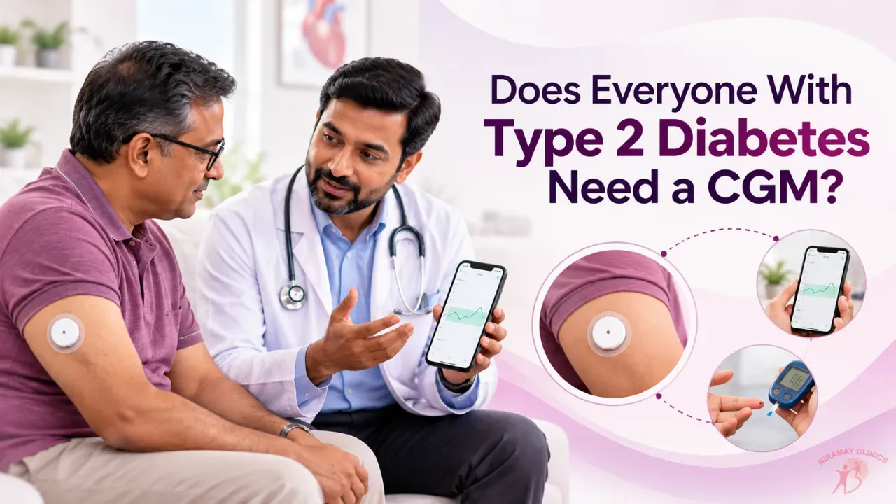 Small continuous glucose sensor on the upper arm of an Indian adult, with a phone showing the glucose app beside it