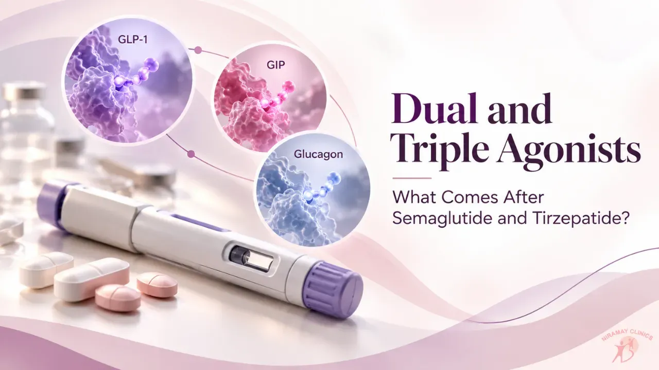 Diabetologist pointing to a simple diagram of three hormone pathways on a whiteboard while a patient watches