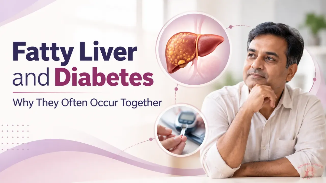 Indian diabetologist showing an ultrasound report and a simple liver diagram to a middle-aged patient