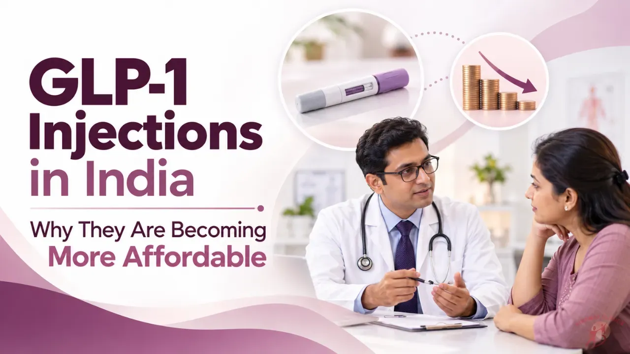 Indian diabetologist showing a pen injector device to a middle-aged patient in a modern clinic