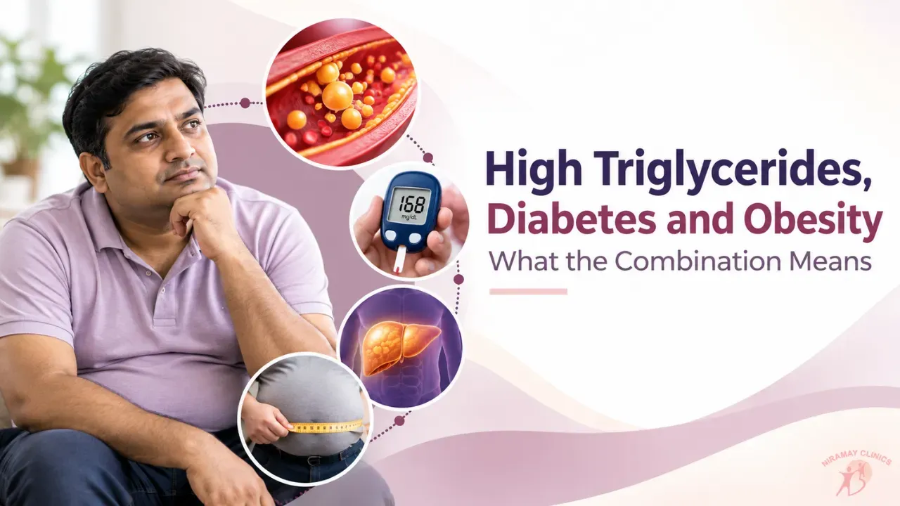 Blood test report beside a plate of fried snacks and a plate of fresh vegetables