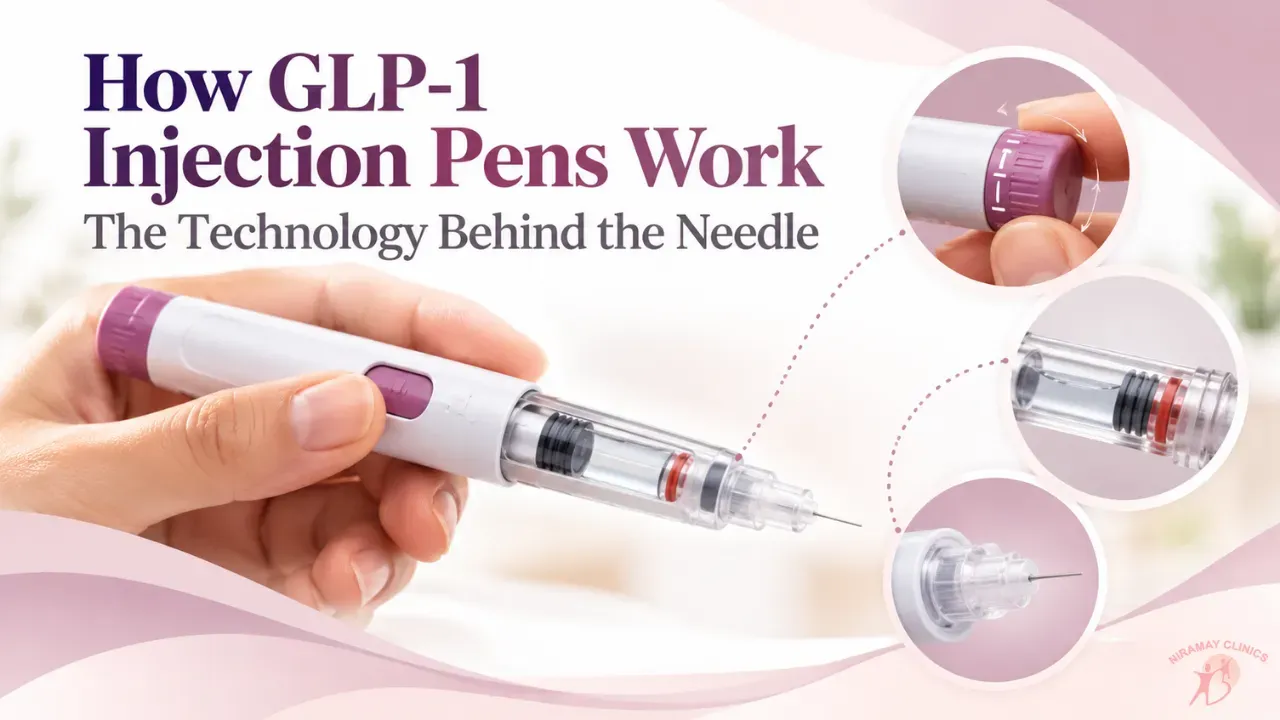 Injection pen device laid on a clean table next to a small needle cap