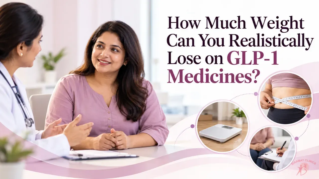 Indian diabetologist discussing a weight-loss progress chart with a smiling middle-aged patient in a clinic