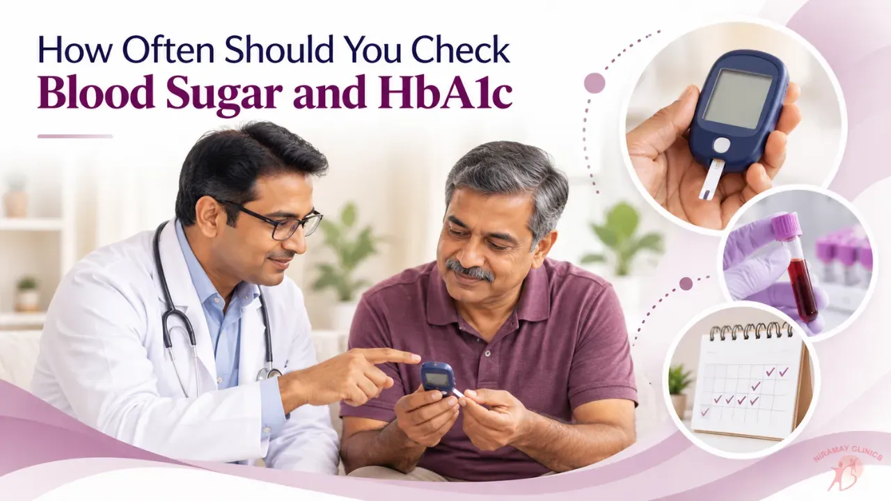 Indian adult checking blood sugar with a glucometer at a kitchen table with a notebook