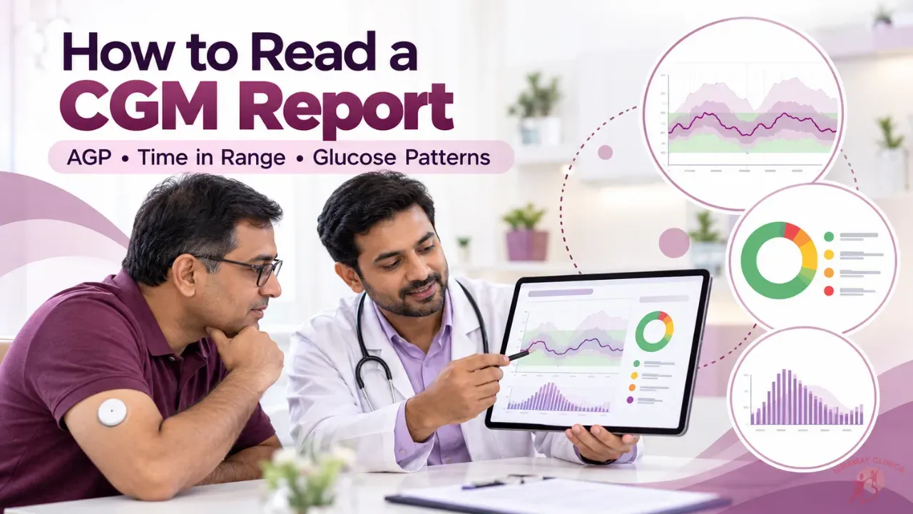 Diabetologist pointing at a printed ambulatory glucose profile chart on a clinic desk while an Indian patient looks on