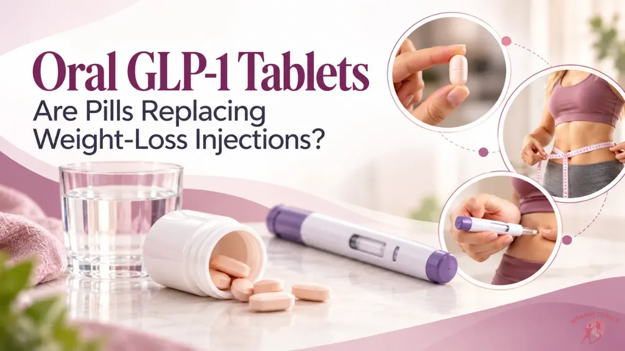 Tablet in a blister strip placed next to an injection pen on a clean desk