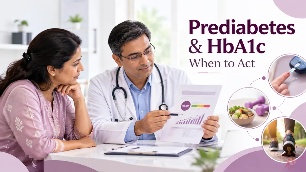 Diabetologist explaining a blood test report to an adult patient in a modern clinic in Nagpur