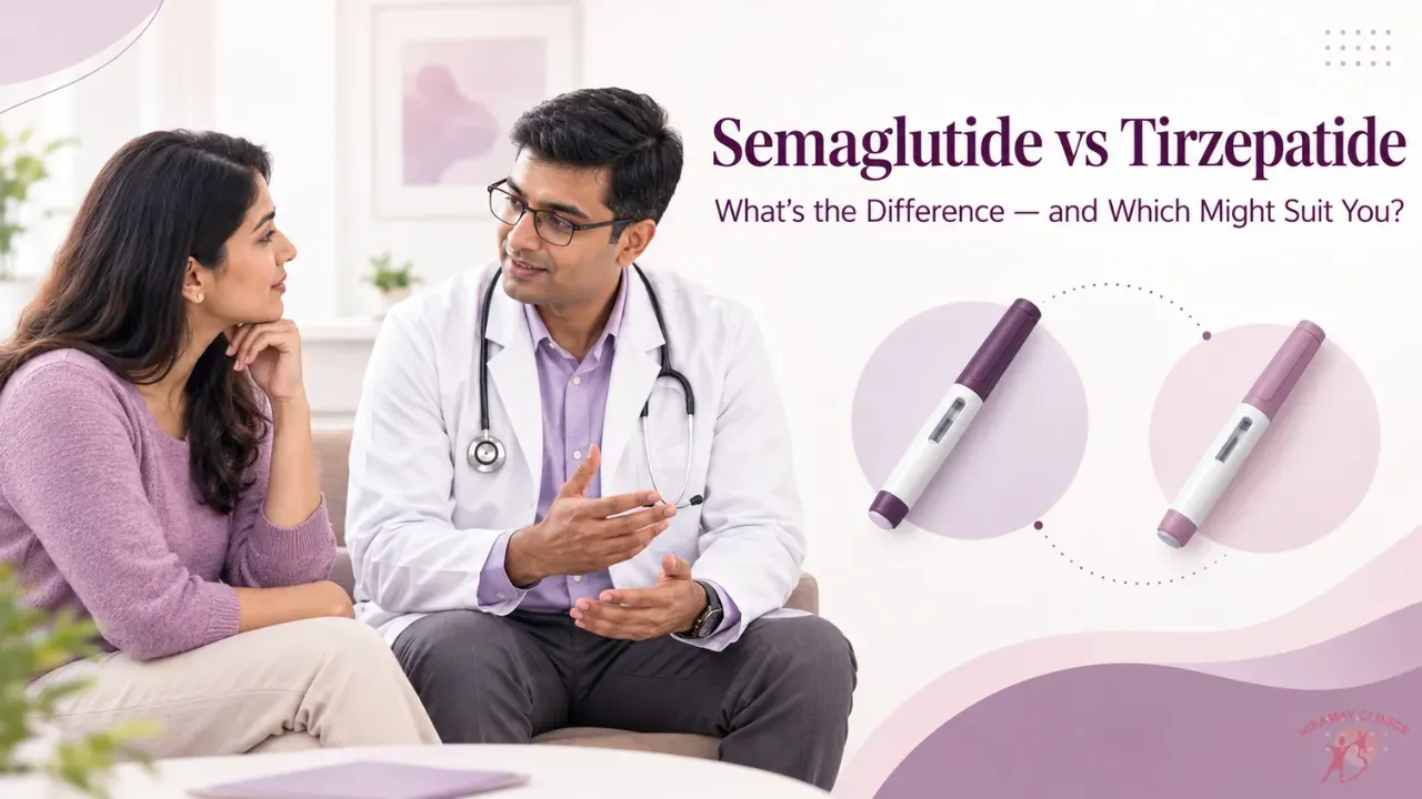 Indian diabetologist comparing two injection pens on a clean desk with a notebook and a patient