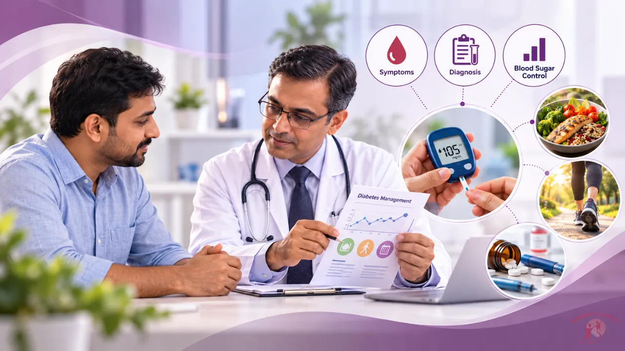 Type 2 Diabetes: Symptoms, Diagnosis, Blood Sugar Control and Long-Term Management, article cover graphic