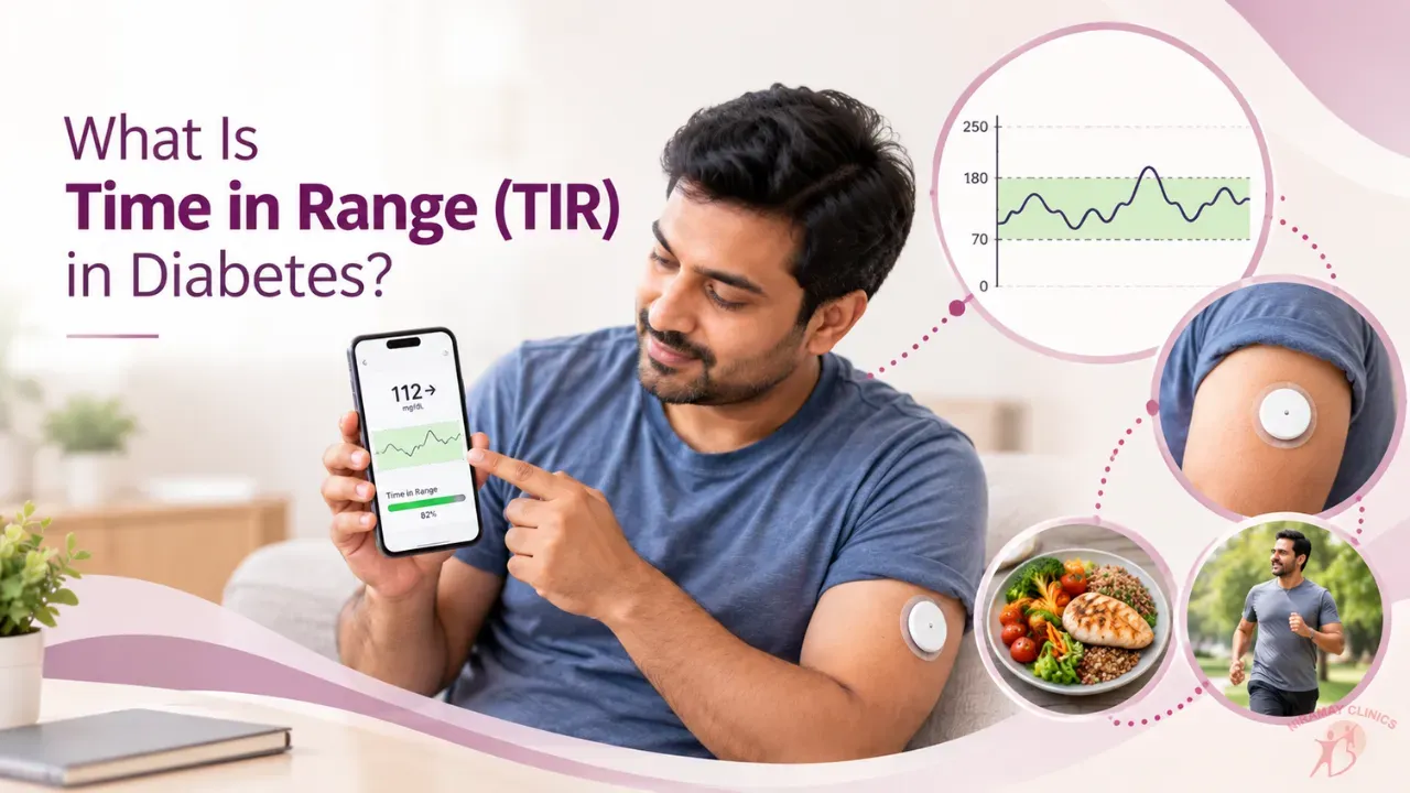 Diabetologist and patient looking at a smartphone showing a smooth glucose graph with a coloured target zone