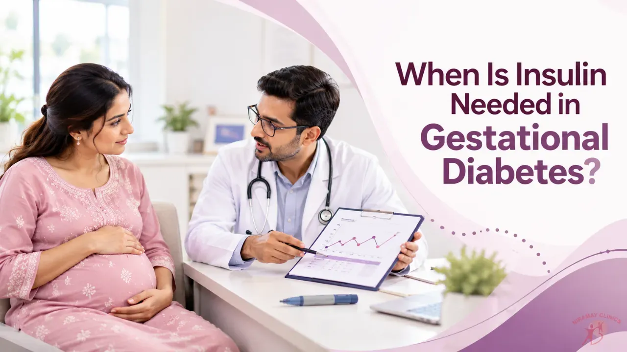 Diabetologist reassuring a pregnant Indian woman while showing her an insulin pen in a clinic