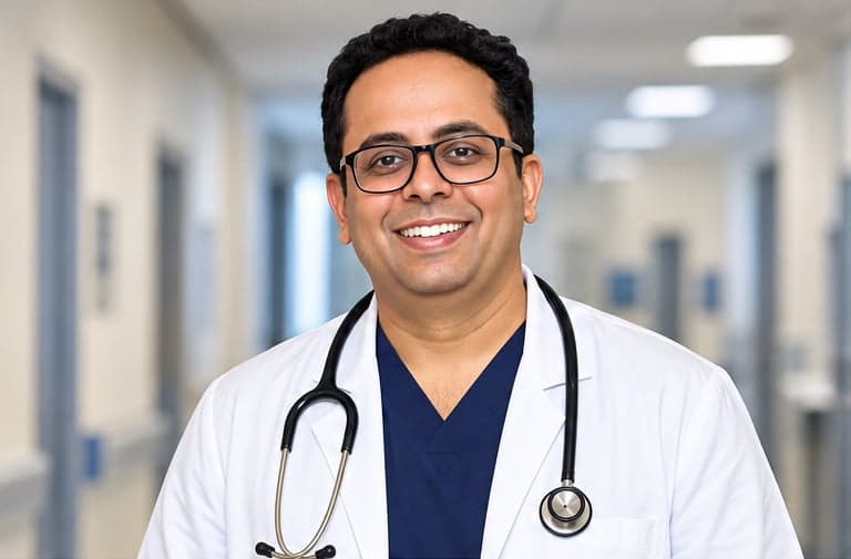 Dr. Ajay Kaduskar in a white coat standing in a hospital corridor