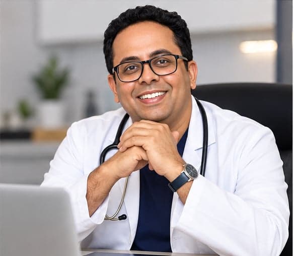 Dr. Ajay Kaduskar smiling at his desk with his hands folded