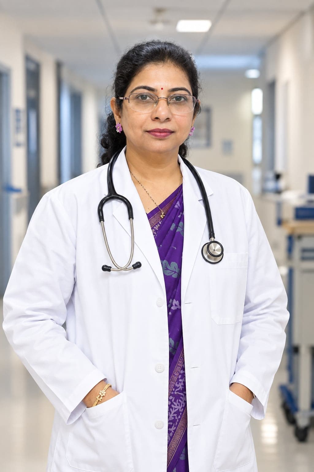 Dr. Prajakta Kaduskar in a white coat over a purple saree standing in a hospital corridor