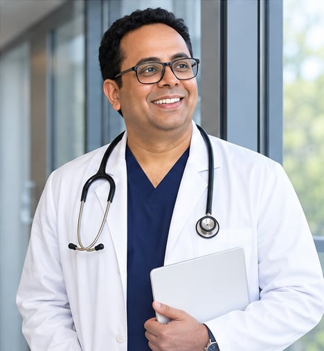 Dr. Ajay Kaduskar reviewing records on a tablet